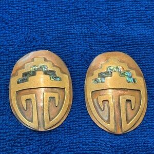 Vintage Copper Brass Abalone Clip-on Earrings Mexico Boho Handmade Jewelry West